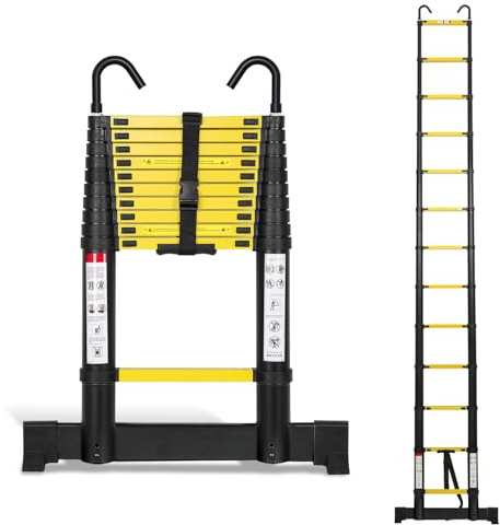 Joparri Aluminium Teleskopleiter 3.2M, Ausziehbare Leiter mit Stabilisator und Abnehmbaren Haken, Rutschfester Aluleiter Stehleiter Mehrzweckleiter, 150 kg Belastbarkeit, Schwarz Gelb