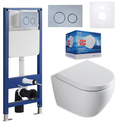 sanicomfort Wand WC-Set Rivo + Vorwandelement inkl. runder Betätigungsplatte hellgrau | Unterputz-Komplettset mit 2-Mengen-Spülung | modernes & pflegeleichtes WC-System