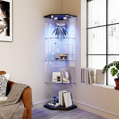 Vetrina Angolare in Vetro con illuminazione a LED, Espositiva Vetrina a 4 Strati da Collezione con Serratura, per Oggetti da Collezione, Libri, 4 Ripiani 1 Ante, Nero A
