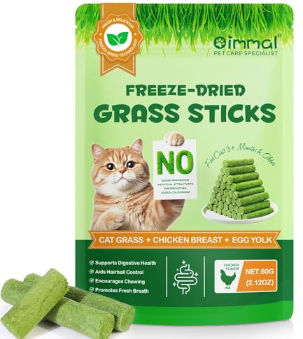 Snack per erba di gatto, 60 g, bastoncini di erba di gatto, snack essiccati per gatti, per la cura dentale e la rimozione dei gomitoli, erba gatta con pollo e olio di pesce, senza additivi artificiali