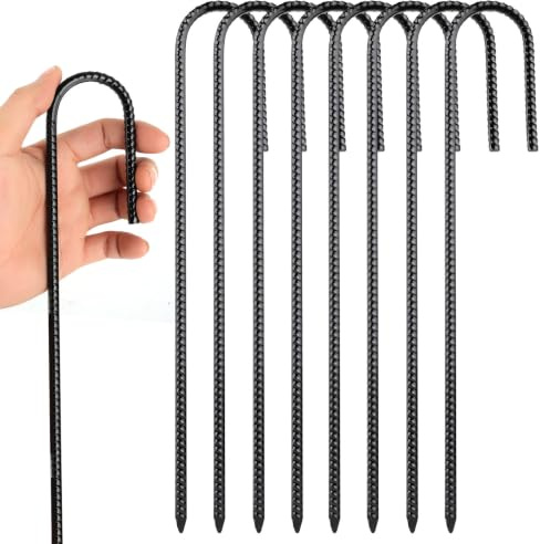 8 Pcs Metal Tent Pegs Metal Heavy Duty Ground Pegss,11.8 Rebar Stakes, J-Shape Garden Pegs for Ground Stakes for Outdoor Camping Garden Swing Gazebo Awning Rock