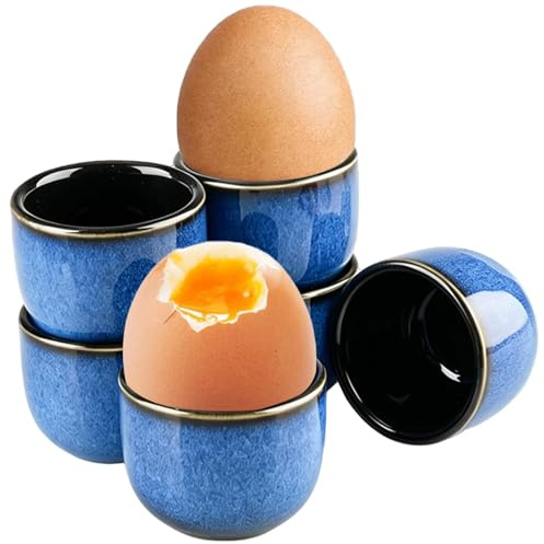 inodiref Ceramic Egg Cups Set Blue Porcelain Egg Cups 6 Stackable Round | Egg Cup Ceramic Dishwasher Safe High Quality for Breakfast, Dining Table and Camping
