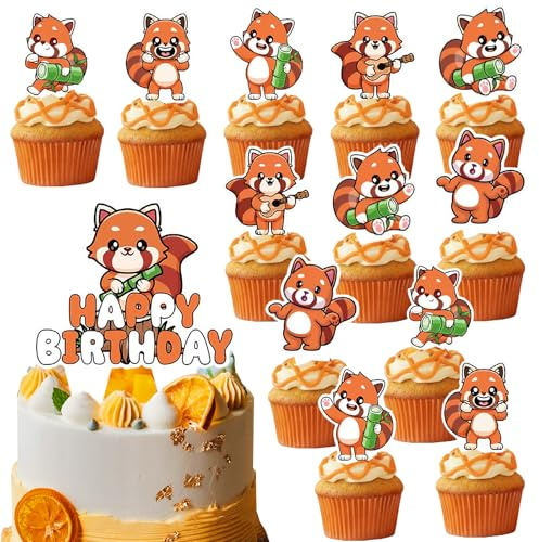 Topper Tarta Panda Rojo, 1+12pzs Decoracion Tarta Panda Giratorio Adornos de Cupcakes para Pasteles DIY para Fiestas de Cumpleaños, Fiesta de Bosque, Zoológico, Safari, Baby Shower