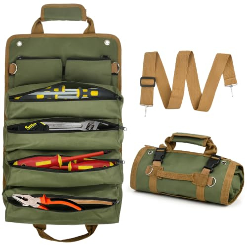 CENBEN Tool Roll Bag Organiser, Heavy Duty Oxford Fabric Roll Up Tool Pouch | 20 Inch Large Capacity, 4 Zipper Pockets, 2 Detachable Pouches, Practical Gifts for Men Dad Electrician Mechanic
