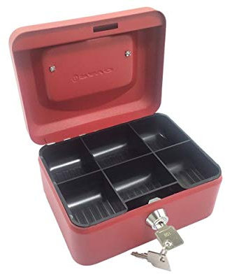 PAVO Geldkassette aus robustem Stahl mit herausnehmbaren Münzfächern 150 mm, rot