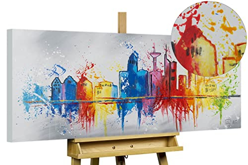 KunstLoft Leinwandbild | 100% HANDGEMALT | 120x60cm | Gemälde 'Frankfurt im Flug' | Küche | Bunt Grau | Wandbild Wohnzimmer