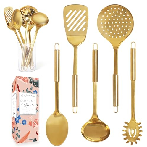 Stainless Steel Cooking Utensils Set - 5 PC for Modern Cooking & Serving - Dishwasher Safe Ladle, Serving Spoon & More - Luxury Brass Kitchen Utensils for Home Chefs - Gold Decor