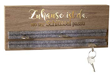 GILDE Deko Schlüsselbrett modern Schlüsselhalter für die Wand mit Spruch - aus MDF Holz braun mit Filzeinlage Grau - Schluesselbrett Schlüsselboard – Schlüsselaufbewahrung Länge 34 cm