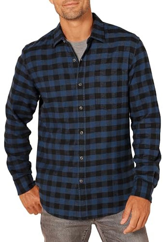 Amazon Essentials Chemise Ajustée en Flanelle à Carreaux Avec Boutons et Manches Longues Homme, Noir Bleu Carreaux Lainés, L