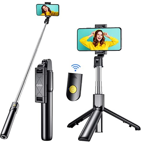 Gritin Selfie Stick, 4 in 1 Bluetooth Selfie Stick Tripod, Extendable and Portable Selfie Stick with Detachable Wireless Remote & Stable Tripod Stand, Compatible with iPhone/Galaxy etc.
