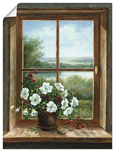 ARTLAND Wanddeko Poster & Kunstdrucke Wandposter 90x120 cm Hochformat Fensterblick Blumen Fenster Landschaft Natur Stillleben Botanik Kunst T5ZB