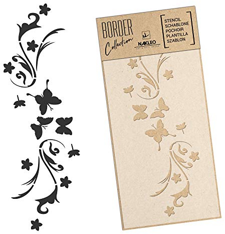 NAKLEO Pochoir de Bordure pour Peinture Murale 21x45cm, Modèle en Plastique, Réutilisable, Papillon Fleur de Vent Printemps, DIY Bricolage Artisanat Décoration a Peindre, Tissu Mueble Bois