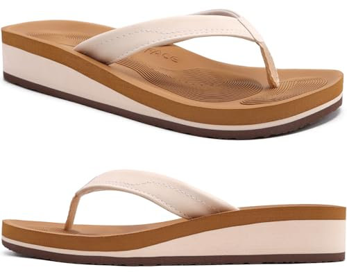 COFACE Chanclas Mujer Sandalias de Cuña para Verano Playa Piscina Interior Exterior Caqui Blanco Talla 41