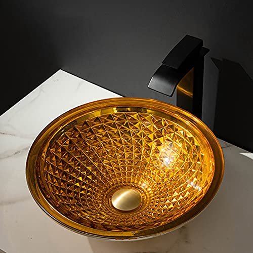 XYEJL Künstlerisches Waschbecken, Waschbecken Aus Gehärtetem Glas, Art Aufsatzwaschtisch, Mit Wasserhahn Im Passenden Stil, Kupferner Pop Up Abfluss,B
