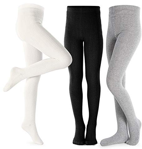 Lot de 3 leggings de danse sans couture en maille de coton torsadée pour filles, pieds recouverts, jaune/gris foncé/marron, 3-4 Years