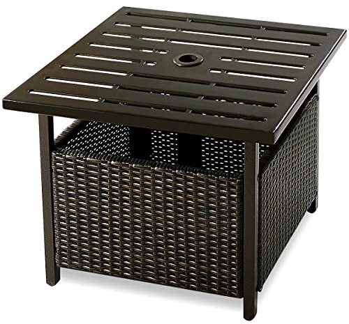CASART Rattan Side Table with Umbrella Hole, Steel Top Patio Bistro Coffee Snack Table, Outdoor Furniture Wicker Square Dining End Table for Garden, Deck, Backyard and Poolside (55.5 x 55.5 x 46cm)