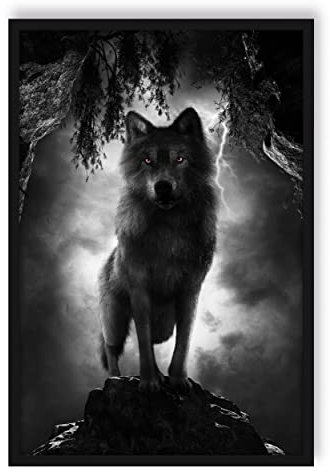 Pixxprint Böser Wolf bei Gewitter im Höhleneingang B&W Detail, Poster im Bilderrahmen, Format: 100x70cm, Kunstdruck gerahmt