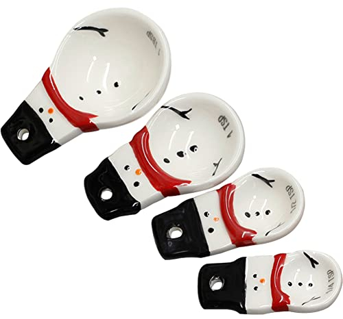 WAYUTO Set of 4 Ceramic Measuring Spoons Baking Measuring Scoops Cooking Measuring Spoons Measuring Teaspoons and Tablespoons for Kitchen Decoration Snowman
