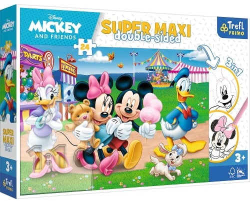 Trefl Primo - Mickey im Vergnügungspark - 3 in 1: Puzzle 24 große Elemente, Ausmalbuch, Ausmalspiel, Ausmalpuzzle mit Märchenfiguren, Spaß für Kinder ab 3 Jahren