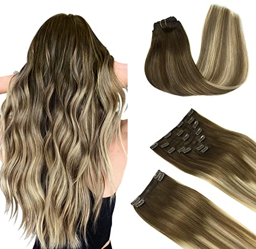 DOORES Haarverlängerung Echthaar Clip, Walnuss Braun bis Ash Braun und Bleach Blonde 55cm 22 Zoll 9 Stück 150g, Clip in Extensions Echthaar Remy Haarverlängerung Gerade Dicke Haare