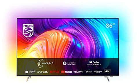 Philips 86PUS8807/12 Smart TV LED 4K UHD, HDR, Dolby Atmos, Imagen y Sonido Cinemáticos, Diseño Delgado, Ambilight de 3 Lados, Android TV, Asistente de Google, Color Bisel Plateado Claro, 86