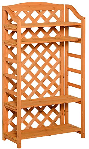 Outsunny Faltbares Blumenregal Blumenregal Topfhalter Pflanzenständer - 4 Ebenen mit verstellbaren Latten - Rankgitter Rückwand - Vorgeöltes Tannenholz für Drinnen Balkon Garten Terrasse
