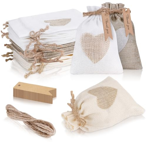 HMIEPRS 30 Pièces Sacs en Toile de Jute avec 30 Étiquette, Sachets en Petite Pochette Tissu avec Coeur, Jute Sac à Cordon Sachets en Sac Cadeau pour Bonbons Stocker Cadeaux (Beige Blanc Gris, 14x10cm)