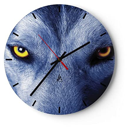 Modern Wanduhr Schau der Wolf Augen 30x30cm Rund Klein Wand Uhr Glas Analog Zimmeruhren Küche Büro Wohnzimmer Glasuhr Wall Clock Dekoration Design Wanddekoration Küchenuhr C3AR30x30-4587