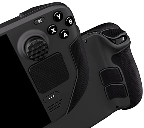 PlayVital Almohadilla de Goma Suave con Textura para Steam Deck LCD & OLED Pegatina para Mejorar el Agarre de la Piel Protector con Botón Trasero y Tapas de Pulgar(Panal Textura-Negro)