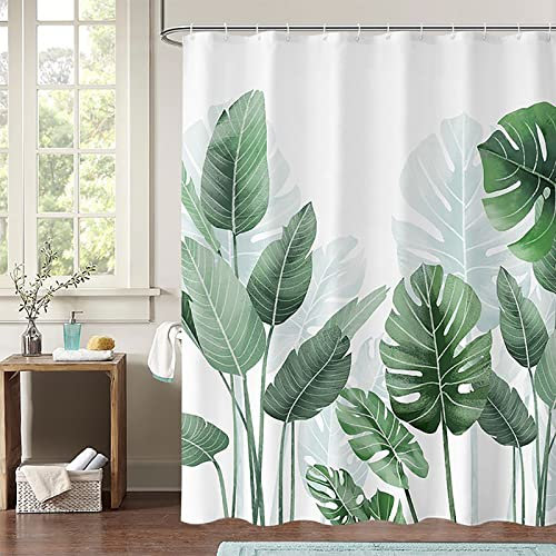 OCEUMACO Rideau de Douche Feuillage Jungle Original Anti Moisissure Rideaux Baignoire Blanc Feuille Vert Tropical imprimé Polyester Tissu Imperméable 120 x 200 Lavable Machine avec Anneaux