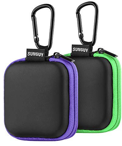 Sunguy 2-Pack Earbuds Case, Portable Small Earbud Carrying Case Storage Bag with Carabiner Clip for Earphones, Earpieces, SD Memory Card, Camera Chips - Green+Purple