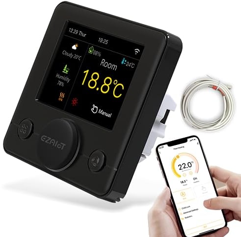 ezAIoT Smart Underfloor Heating Thermostat-UFH - WiFi Wall-Mounted Controller for Electric Heating (Cable/Film/Mat) - Programmable with Humidity Control, Supports 7 Languages, 230V 16A
