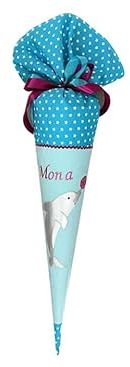 Glückspilz Schultüte mit Namen personalisiert, DELFIN, Delfin Zuckertüte aus Stoff genäht, hellblau, mit Kissen + Rohling