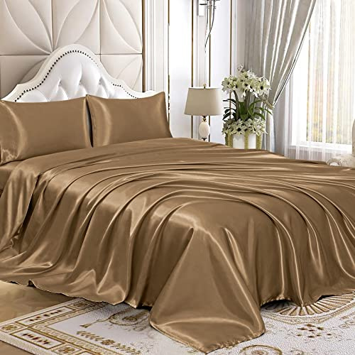 Homiest Set di lenzuola in raso, 4 pezzi, set di biancheria da letto in raso di seta di lusso con tasca profonda, 1 lenzuolo con angoli + 1 lenzuolo di sopra + 2 federe (king size, marrone cammello)