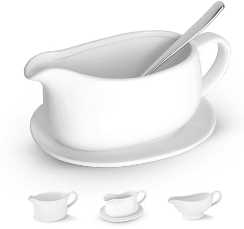 Kook Sauciere und Untertasse, Keramik-Servierschale, Spender mit Tablett für Saucen, Dressings und Sahnekännchen, großer Griff, mikrowellen- und spülmaschinenfest, weiß, 675 ml (Sauciere mit Löffel)