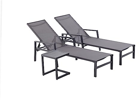 CONCEPT USINE - Lot de 2 Transats Ajustables accoudoirs + Table d'Appoint | Bain De Soleil Chaise Longue | Bari Gris Foncé | Aluminium Textilène | Réglable 6 Positions | Jardin Terrasse Plage Piscine