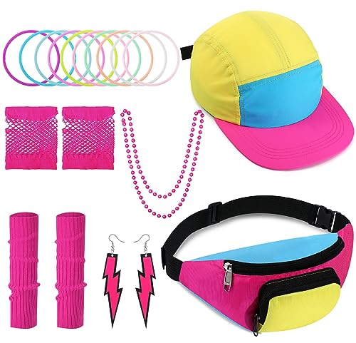 Cindeer Accessoires de Déguisement des Années 80 pour Femmes Set de Sac Banane Chapeau Néon Jambières Collier pour Fête Rétro des Années 80 et 90 (Rose)