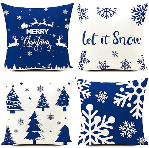 Weihnachtskissen Kissenbezug 40 x 40 cm blau und weiß Weihnachten Weihnachtsdeko Weihnachtskissenbezug Christmas Decorations Weihnachtsfeier 4er Set