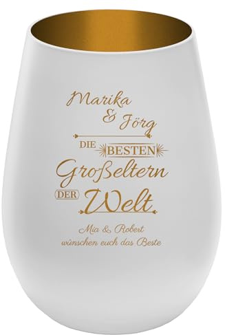 Windlicht mit Gravur Beste Großeltern - personalisierbar mit Namen - Weiß/Gold - Höhe 12 cm - Geschenk Teelichthalter Oma Opa