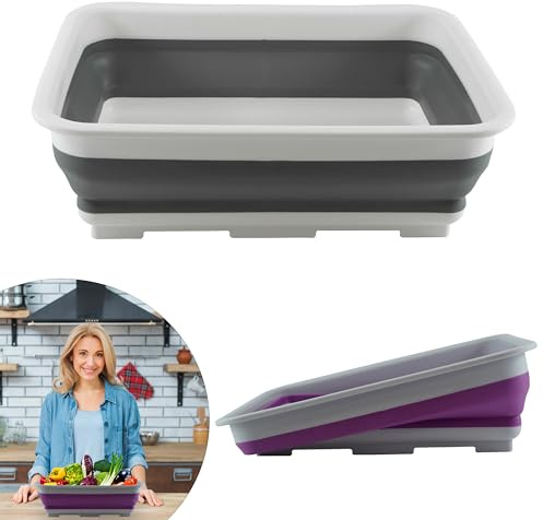 2x Collapsible Washing Up Bowls 10L, Purple and White Folding Washbasin Collapsible Bowl Retractable Portable Water Storage Basin for Camping, Caravans, and Kitchen Size-37.5cm