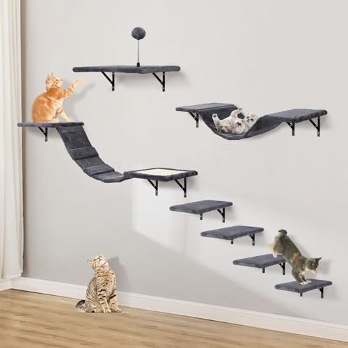 Sobly Wall-Mounted Cat Climber Set with Climbing Shelves, Perches, Bridge,Hammock,Scratching Board & Ball - 7 Pcs Wood Indoor Cat Furniture for Kittens Play (Dark Grey)