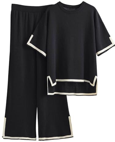 Famulily Casual Short Sleeve Knit Pullover Tops with High Waisted Wide Leg Pants BlackL