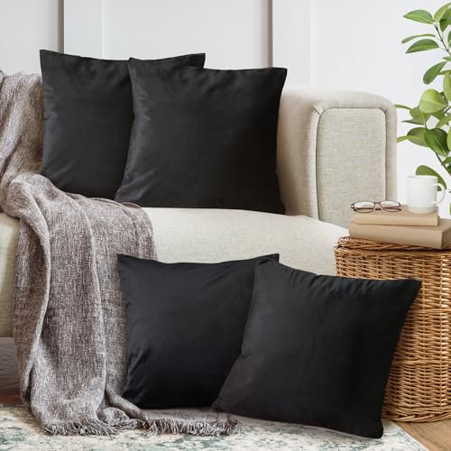 4er Set Sofakissen mit Füllung und Bezug 40x40cm weiche Kissenhülle mit Dekokissen Couchkissen für Sofa, Schlafzimmer, Wohnzimmer, Balkon, schwarz Eclipse, flauschig, mit verstecktem Reißverschluss