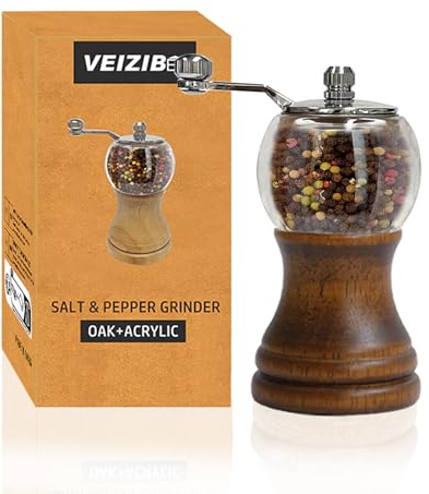 VEIZIBEE Classic Roast - Juego de molinillo de pimienta manual negro y molinillo de sal marina, estilo retro, madera, acrílico, cuchillas de cerámica, mango de metal (2pcs, 5in (12.8cm))