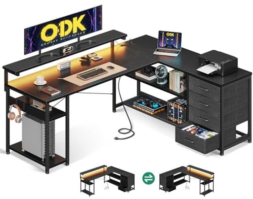 ODK Corner Desk with Drawers, L Shaped Gaming Desk with LED Lights & Power Outlets, Reversible Computer Desks for Home Office Workstation, Office Desks with Monitor Shelf, 155×110 cm, Black
