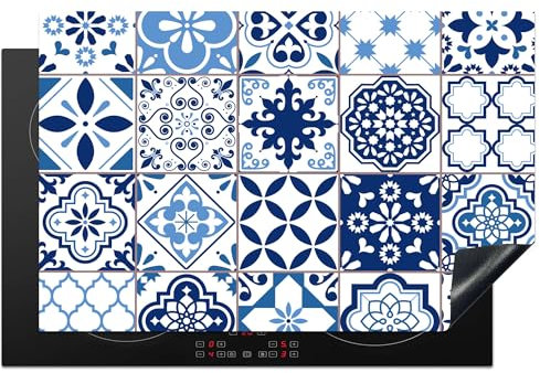 KitchenYeah© Protezione Piano Cottura Tappetino per Induzione 80x52 cm Cucina Proteggi Coprifornello Antiscivolo Mosaico - Blu - Motivo - Bianco