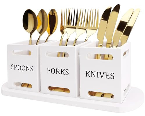 Ayiaren Modern Rustic Wooden Flatware Caddy White Cutlery Holder with Wood Tray Utensils Holder for Kitchen Counter