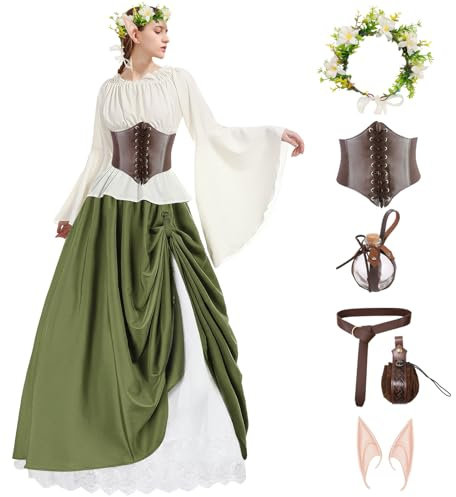 Mittelalter Kleidung Damen Set mit Elfenohren Erwachsene, Mittelalter Accessoires Hemd, Gürtel, Blumenkranz Haare, Elfenkleid, Rock Lang, Korsett, Potion Bottle, Karneval Cosplay Kostüm(8Pcs)M