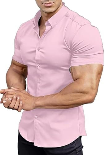 EOUOSS Camicia da Uomo Aderente a Maniche Corte, Elasticizzata, Casual, con Bottoni, Rosa, M