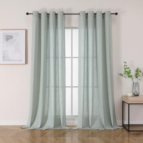 Joydeco Leinen Gardinen mit Ösen Graugrün Vorhänge Leinen(Enthält echtes Leinen), H245 x B132 cm (2er Pack) Vorhänge Wohnzimmer Schlafzimmer, Durchscheinende Gardinen Antibakterielle Leinenvorhänge